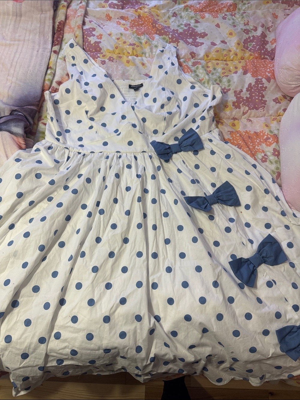 torrid White Dress with Blue Polka Dots and Blue Bows size 2